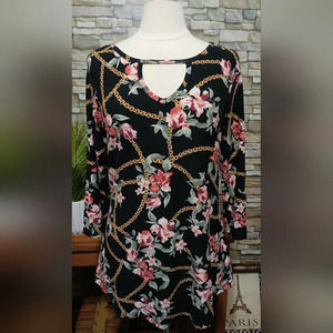 Bobbie Brooks Large Black Floral‎ Stretchy Tunic Blouse